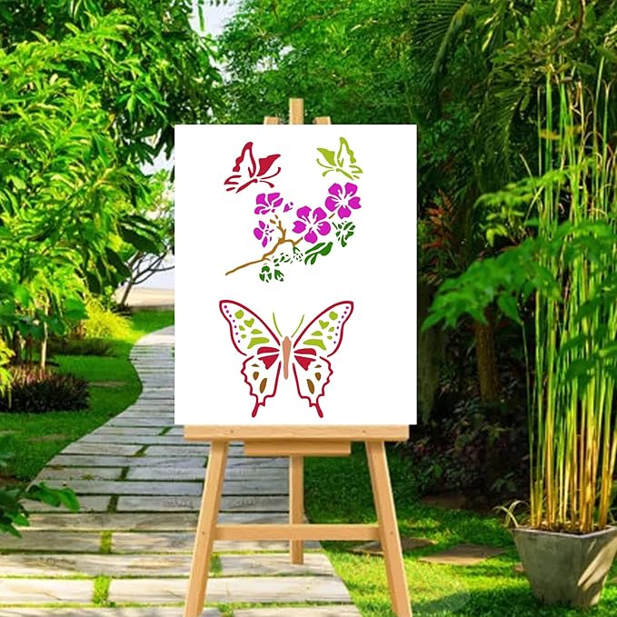 6 PCS Butterfly Stencil Reusable Flying Butterfly Template Plastic Nature Floral Stencils for Painting on Wood Walls Fabric Furniture Floors Home Decor DIY Craft Wood Sign 11.8 x 6.3 Inch
