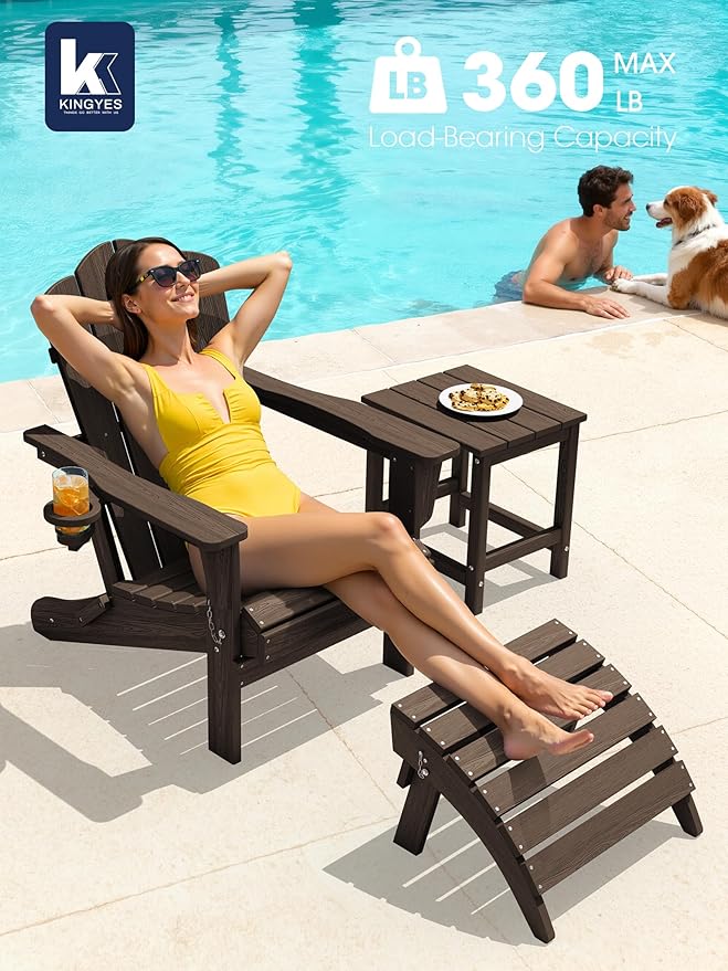 KINGYES Folding Adirondack Chair, HDPE All-Weather Patio Chairs with Cup Holder, Wooden Textured Fire Pit Chairs for Poolside, Backyard, Deck, Coffee