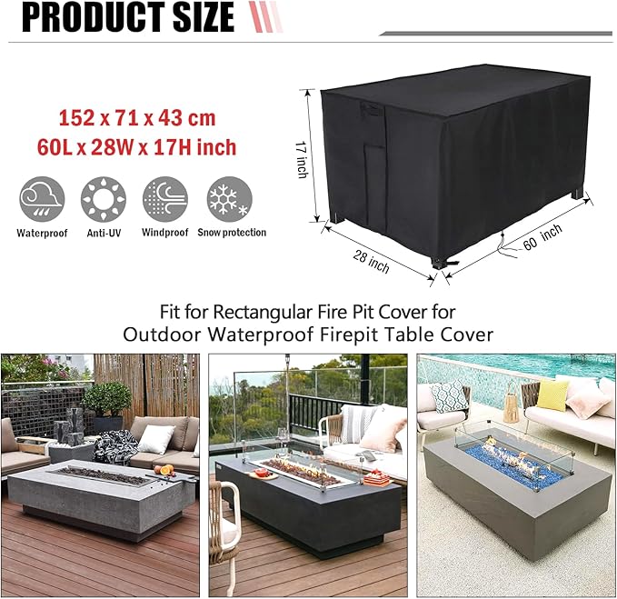 Rectangular Fire Pit Cover 60 inch, Propane Gas Fire Pit Table Cover,Outdoor Waterproof Firepit Table Cover - 60 X 28 X 17 Inch