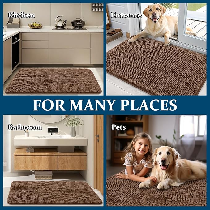 OLANLY Dog Door Mat for Muddy Paws 48x30, Absorbs Moisture and Dirt, Absorbent Non-Slip Washable Doormat, Quick Dry Chenille Mud Mat for Dogs, Entry Indoor Entryway Carpet for Inside Floor, Mocha