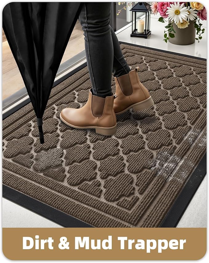 Color&Geometry Front Door Mat Outside Entrance, Heavy Duty Non Slip Low Profile Doormat for Entryway, Trap Dirt and Moisture Welcome Mats All-Weather, Easy Clean, Patio, Garage, 24"x36" Brown