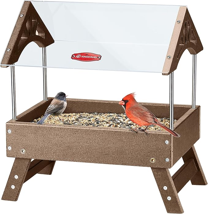 Kingsyard Ground Bird Feeder for Outdoors - Recycled Plastic Platform Feeder for Wild Birds, Rainproof Squirrel Feeders, 5 LBS Large Capacity, Brown