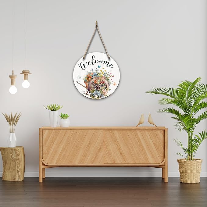 Spring Hanging Decor For Front Door, Wildflowers Welcome Spring Round Sign Decor For Farmhouse Home Yard Porch, Hello Spring Decorations, Spring Wall Plaque Gifts For Friends Family -08