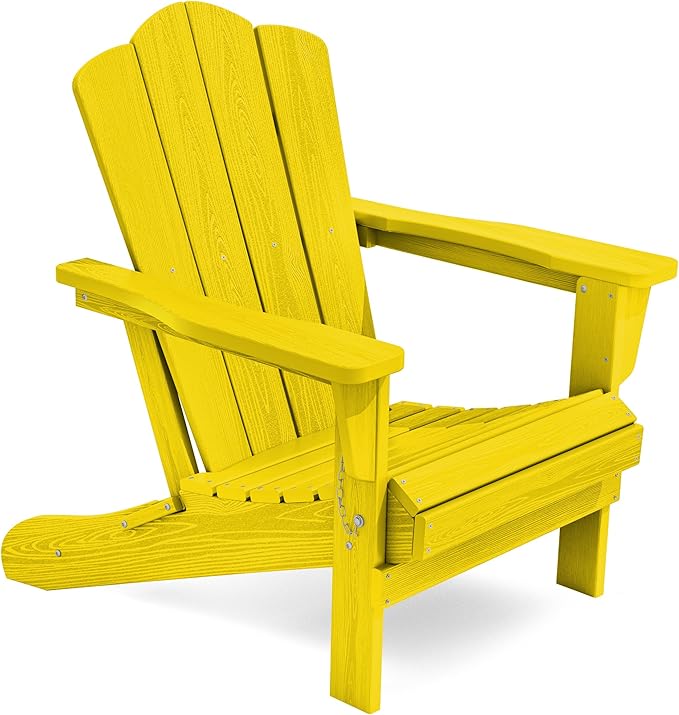KINGYES Folding Adirondack Chair, HDPE All-Weather Patio Chairs, Wooden Textured Lawn Chair for Poolside, Backyard, Deck, Fire Pit, Yellow