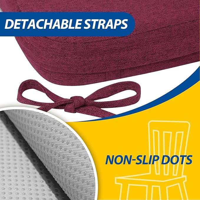 AAAAAcessories D-Shaped Chair Cushions, 2" Thick Dining Chair Pads with Ties and Removable, Machine-Washable Cover, 17" x 16", Set of 8, Wine Red