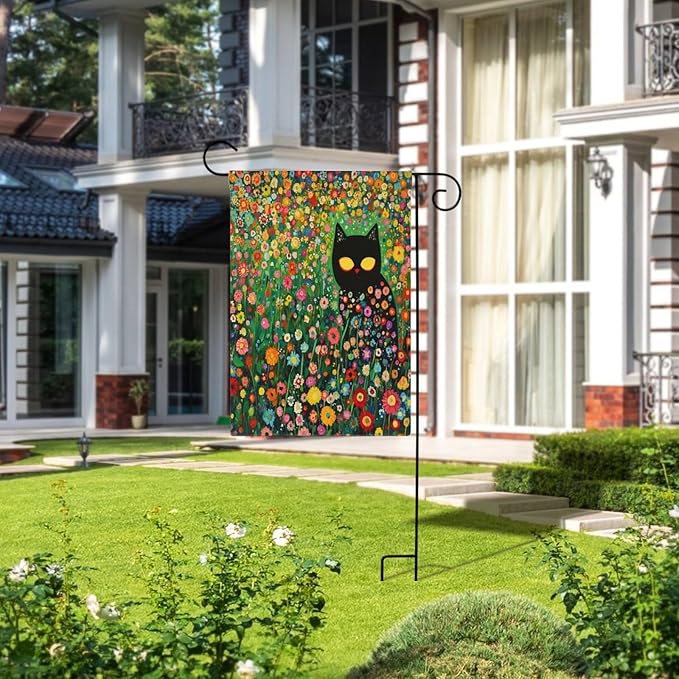 Black Cat Garden Flag Double Sided Outside 12x18 Inch Cute Black Cat in The Flower Garden Welcome Farmhouse Outdoor Flags Yard Flag Seasonal Holiday Decoration Courtyard