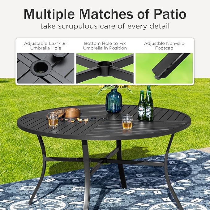 PHI VILLA 5 Pieces Outdoor Dining Set with Umbrella for 4, Round Metal Iron Dining Table & Wicker Chairs with Cushions & Large Red Umbrella, Morden Dining Furniture for Patio, Deck, Yard, Porch