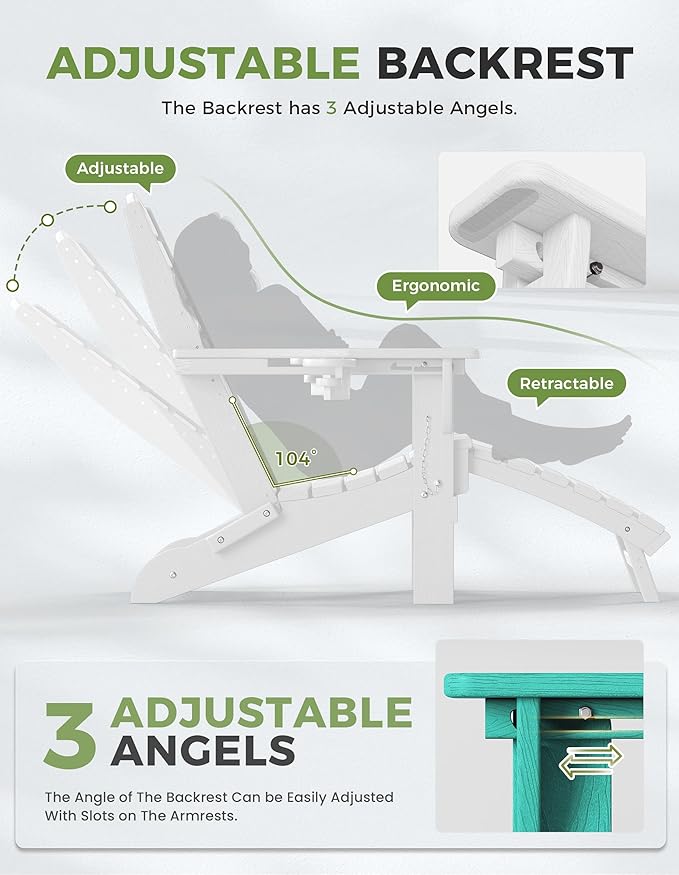 Ciokea Folding Adirondack Chair Set of 4 with Retractable Ottoman Fire Pit Patio Chair with Pull Out Foot Rest Weather Resistant Lawn Outdoor Chair with 2 Cup Holder (White)