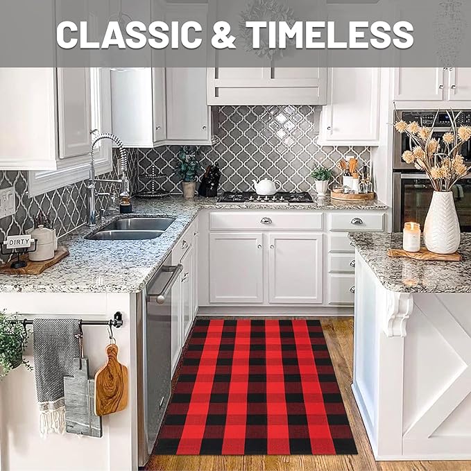 IOHOUZE Christmas Buffalo Plaid Rug 3x5 Ft Outdoor Indoor Doormat Red Black Check Washable Area Rug Woven Cotton Checkered Front Porch Mat Christmas Decor for Front Door Entryway Living Room