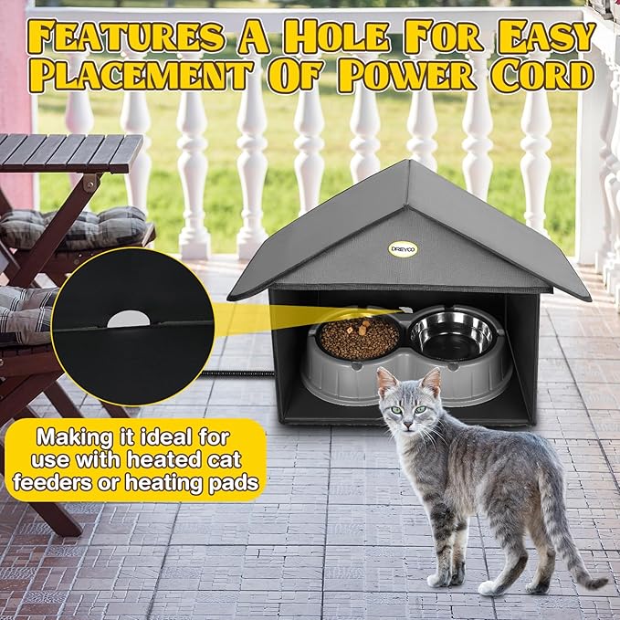 Dreyoo Outdoor Cat Feeding Station for Food & Water, Weatherproof Outdoor Kitty Dining Room Cat Shelter for Stray, Feral Cats and Community Cats, 13”d x 17”w x 15.5'h(1 Pack,Dark Grey)