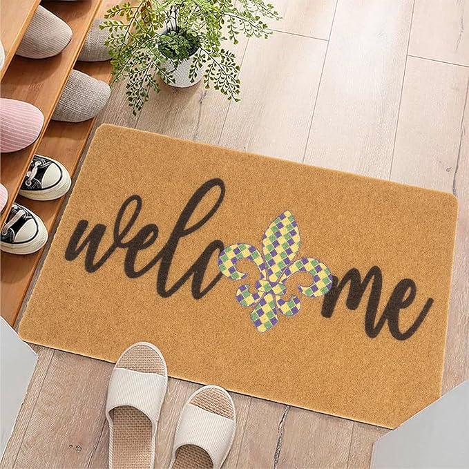 Mardi-Gras-Welcome-Doormat Outdoor-Entrance Fleur-De-Lis Door Mat Non Slip Coir Holiday Mats for Carnival Home Decor