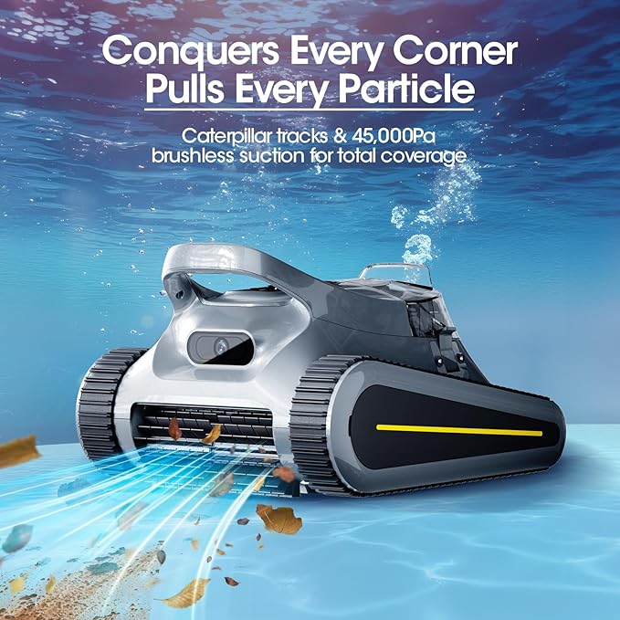 Cordless Robotic Pool Cleaner, Pool Vacuum 180W Brushless Motor, 45000Pa Suction, Wall & Waterline Climbing, Auto Path Mapping, for Inground & Above-Ground Pools up to 2150 Sq. Ft. (Gray)