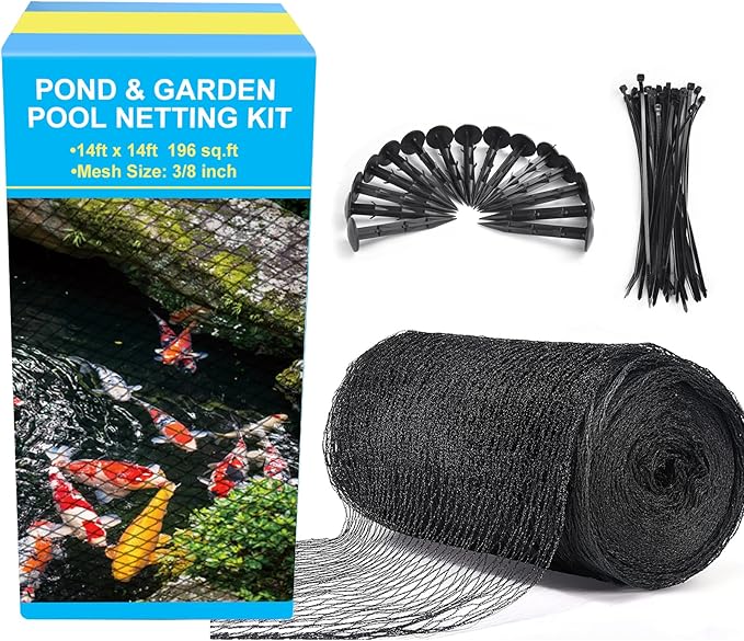 Pond Netting, 14 x 14 FT Pond Net for Koi Ponds, Garden Pool Fine Mesh Pond Netting for Leaves, Protects Koi Fish from Birds Cats Predators, with 14 Stakes and 30 Cable Zip Ties