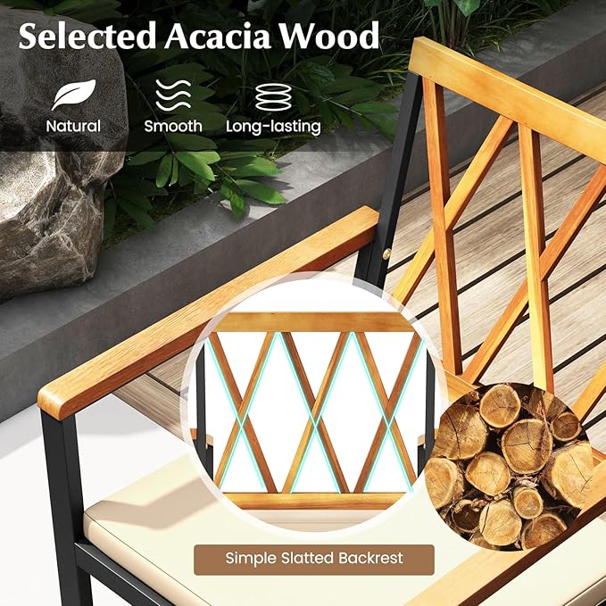 Tangkula 5 Piece Wood Outdoor Dining Set for 4, Rectangular Patio Acacia Wood Table Set with 4 Cushioned Chairs, Umbrella Hole, Heavy Duty Metal Frame for Deck Porch Backyard