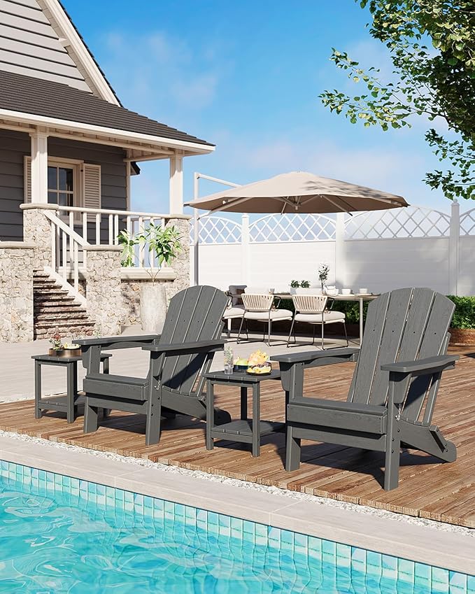 GarveeLife Folding Adirondack Chairs Set of 6, HDPE Plastic Outdoor Chairs with Wood Texture - 380 LBS & Weather Resistant for Fire Pit, Deck, Patio, Pool, Backyard - Gray