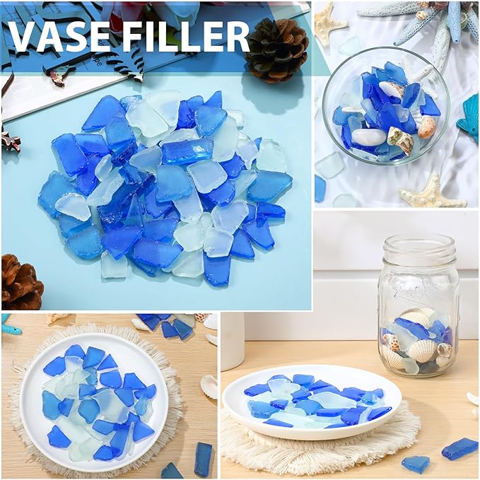 Jetec 11 oz Sea Glass for Crafts Pieces Decor Flat Frosted Sea Glass Vase Filler Crushed for Beach Wedding Party Decor Home Aquarium DIY Craft Supplies(Deep Blue, Blue, White)