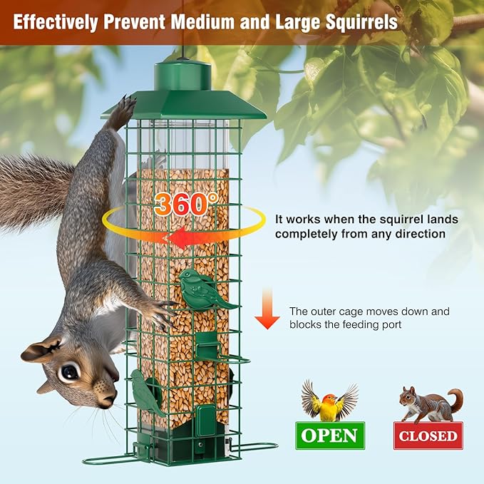 Squirrel Proof Bird Feeder, Metal Bird Feeders for Outdoors Hanging, Weight Activated, 3Lb Capacity, 4 Ports, All-Weather Tube Bird Feeder for Outside, Cardinal Finch Bluebird Wild Bird Feeder