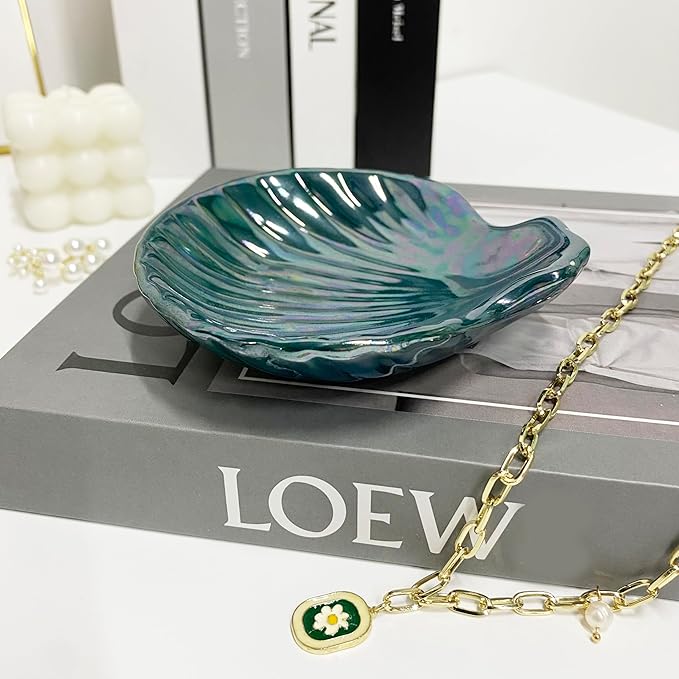 Seashell Trinket Tray, Ceramic Ring Holder Dish for Earrings Necklace, Shell Jewelry Dish Tray, Ocean Room Decor, Birthday Mother's Day Christmas Gift for Women, 3.9", Deep Teal Iridescent Surface