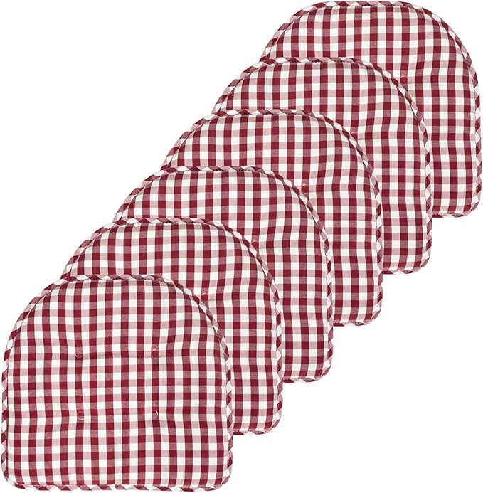 Sweet Home Collection Chair Cushion Memory Foam Pads Tufted Slip Non Skid Rubber Back U-Shaped 17" x 16" Seat Cover, 6 Pack, Checkered Wine/White