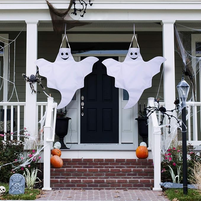 Skylety 2 Pcs 32 Inch Outdoor Halloween Ghost Decorations Tree Hanging Windsock White Flying Ghosts for Indoor Outdoor Tree Front Yard Porch Lawn Garden Pillar Party Decorations (Classic Style)