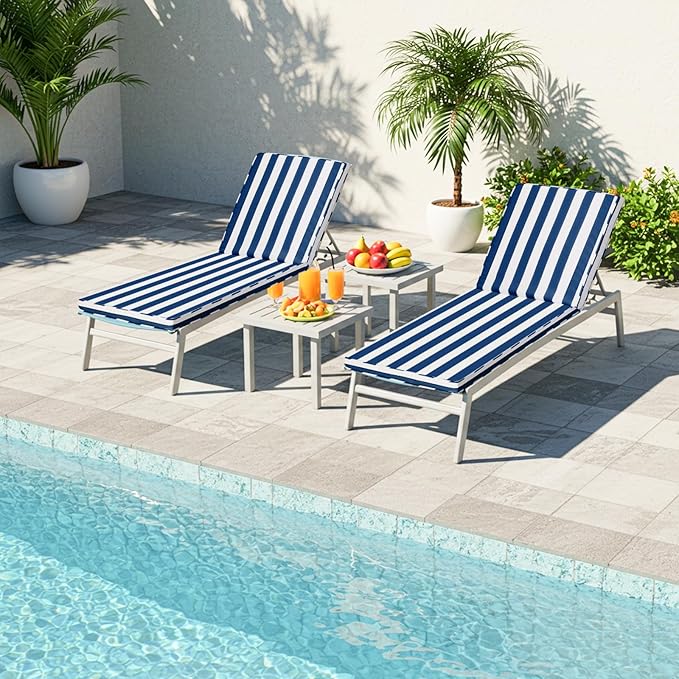Chaise Lounge Cushions Outdoor Set of 2, 71"x22"x3" Patio Lounge Chair Furniture Cushions with Washable Covers for Pool, Patio, Lawn (Blue+White Stripes, 1 Pcs)