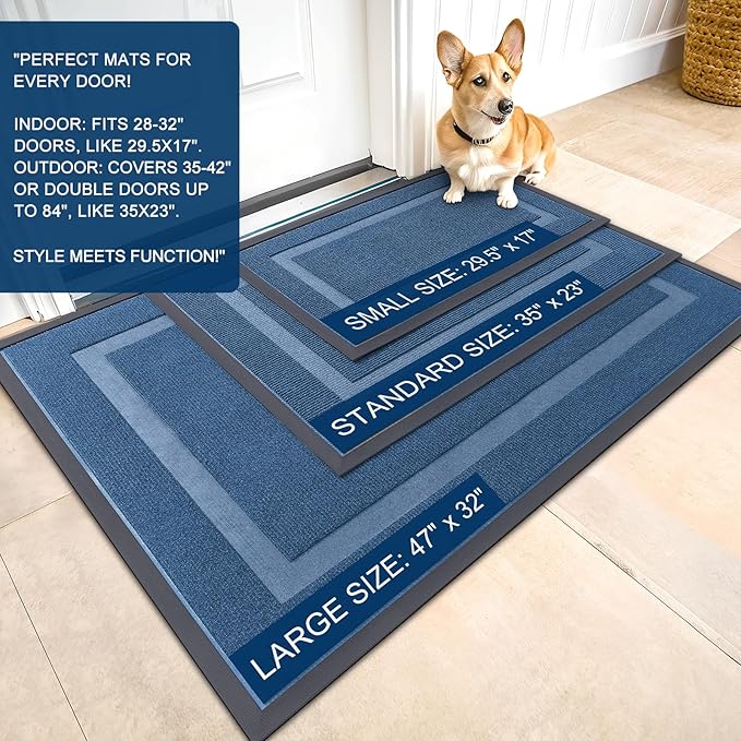 OLANLY Front Door Mat Indoor Outdoor Entrance, Waterproof All-Season, All-Weather Doormat, Sturdy Natural Rubber, Fade Resistant, Low Profile, Easy Clean Patio Porch Entryway Mat, 47x32, Light Blue