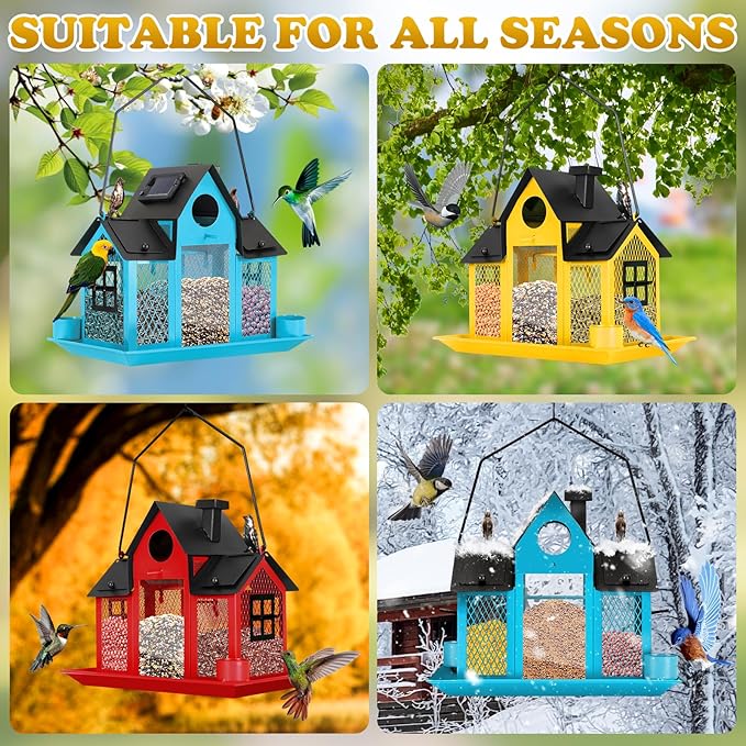 Solar Bird Feeders House for Outside Hanging, Metal Wild Bird Feeder for Outdoors Large Capacity Cardinal Birdfeeder Birdhouses Metal Bird Feeding Station Red