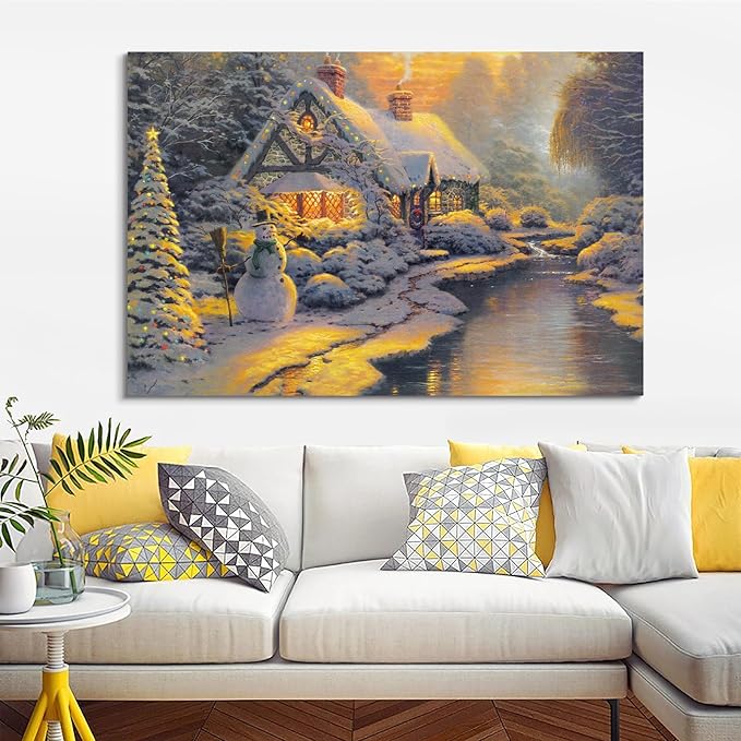 STUDIO HAVEN Thomas Kinkade Canvas Wall Art, Christmas Cottage Snowman Lit Tree Snow-Covered Home and Winter Stream Oil Painting Poster Holiday Wall Decor, Framed Prints for Home Decor, 16x12Inch