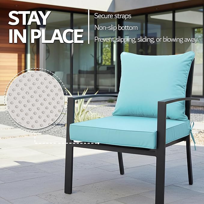 22x22 Inch Patio Chair Cushions Set of 4, Outdoor Furniture Cushions - Removable Cover, Water-Repellent, Fade-Resistant, Non-Slip Bottom & Straps, Replacement for Lawn, Porch & Deck Chair - Light Blue