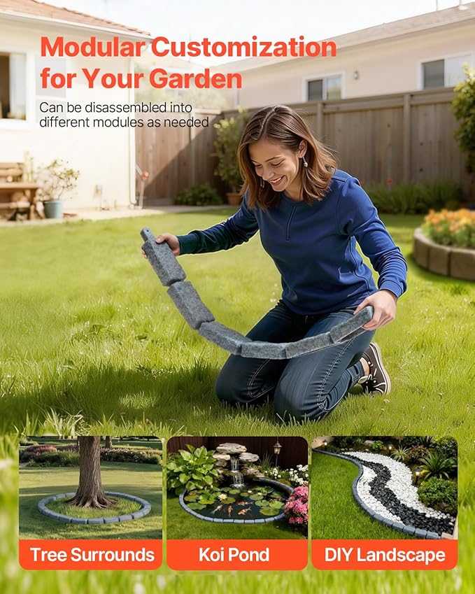 VEVOR Faux Stone Landscape Edging, No Dig Garden Edging Border, Flexible Blocks for Lawn Edging, Flower Beds, Driveway, Yards with 12 Spikes, 4 Pack 24 Bricks 16FT Kit, 46.5" Lx 3.7" W x 2.2" H, Grey