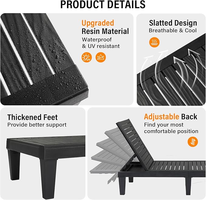 VINGLI Outdoor Chaise Lounge Chair for Outside Pool Patio, Adjustable Waterproof Easy Assembly Chaise Lounge Outdoor (Black, 1 PCS)