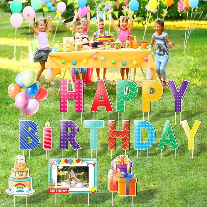 Remiawy Happy Birthday Yard Sign with Stakes - 16pcs Happy Birthday Yard Sign, Personalized Yard Birthday Signs Colorful Weatherproof Birthday Lawn Sign for Outdoor Yard Decorations Garden Party