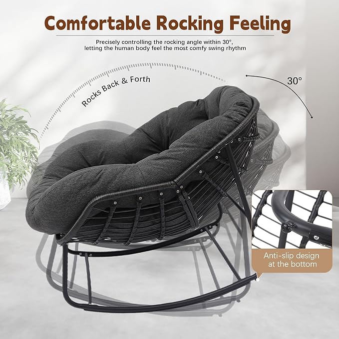 Oversized Rocking Chair Outdoor Set of 2, Rocking Papasan Chair, Patio Egg Chair with Padded Cushion, Outdoor Wicker Rocking Chair for Front Porch, Garden, Patio (Beige)