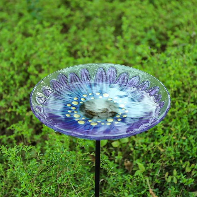 Bird Baths for Outdoors, Glass Birdbaths Outdoor Garden Birdfeeder with Metal Stake for Lawn Yard Decor, 24 Inch Height, Purple