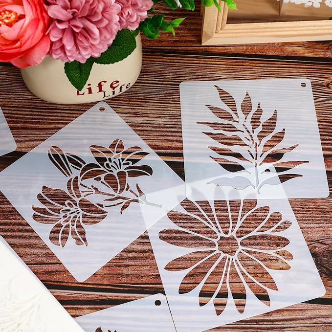 36sheet Flower Stencil Templates for Wood: Sunflowers, Butterflies, Birds, Leaves - Reusable 5 x 5 Inch Plastic Stencils