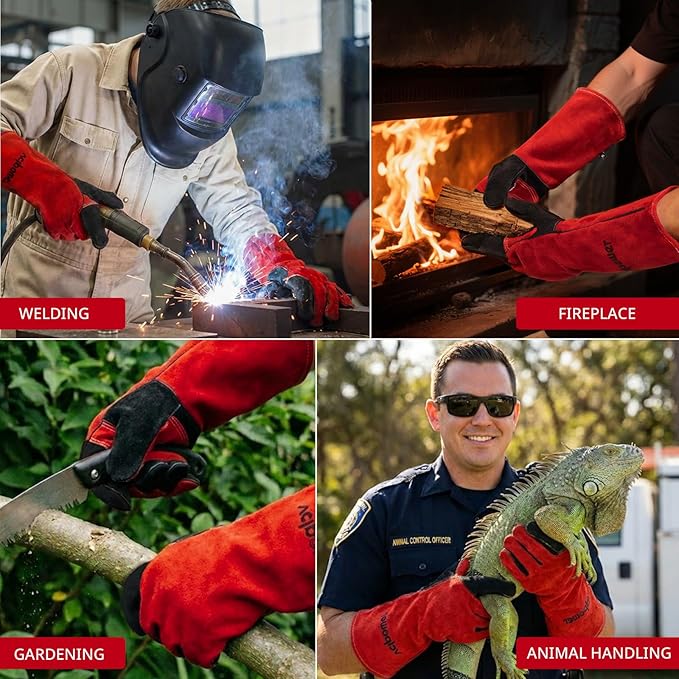 Welding Gloves 16 Inches 932°F Extreme Heat Fire Resistant Leather Forge Gloves for Mig, Tig, Stick, BBQ, Fireplace, Wood Stove, Furnace, Animal Handling, Handling Dry Ice - Safety Work M