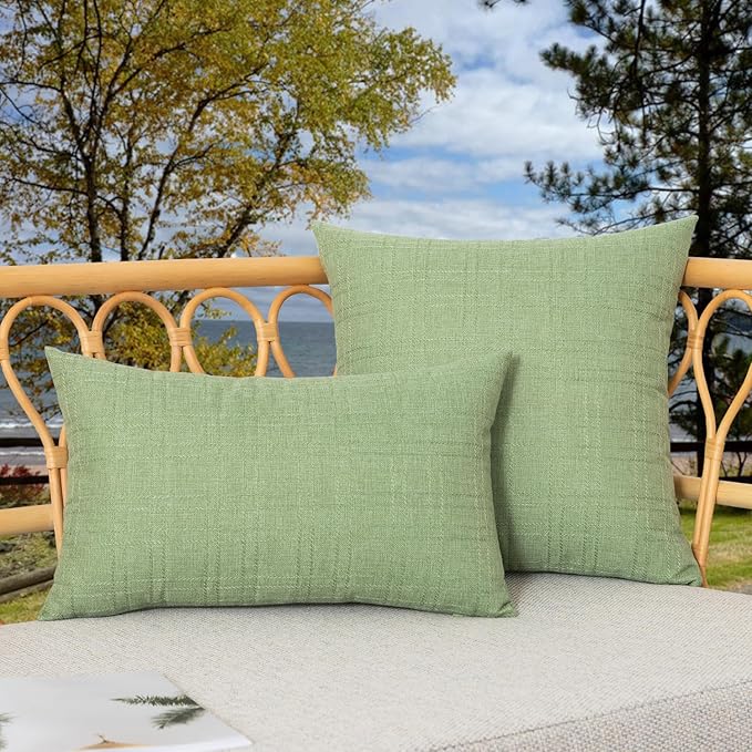 Kevin Textile Outdoor Waterproof Lumbar Pillow Covers 12x24 Inch Pack of 2 Checkered Decorative Rectangle Cushion Throw Pillowcases Shell for Patio Tent Garden Couch Bed Sofa Sage Green