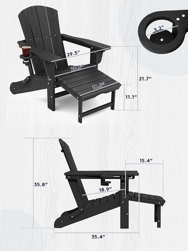 KINGYES Folding Adjustable Adirondack Chair with Retractable Ottoman Set of 6, HDPE All Weather Chair with Cup Holder - Recliner Adirondack Chair, Black