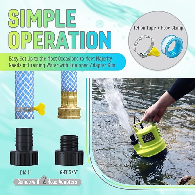 1 HP Submersible Water Pump 3500 GPH Portable Small Sump Pump For Pool Cover, Basements, Puddles, Gardens Ponds With 16.4 Ft Power Cord and Hose Adapters, Yellow