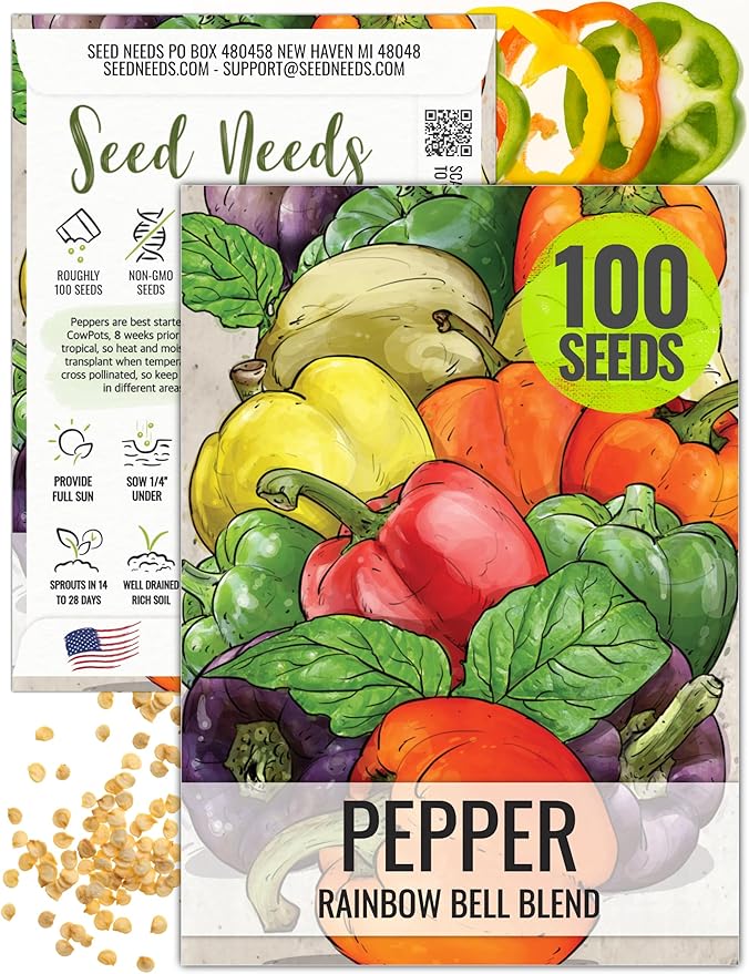 Seed Needs Rainbow Bell Pepper Seeds for Planting Mild Peppers - Non-GMO Heirloom & Untreated Veggie Seed to Plant a Home Grown Outdoor Vegetable Garden (1 Pack)