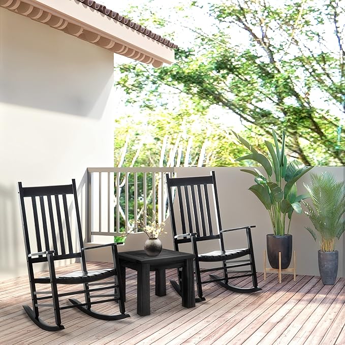 Outsunny Outdoor Rocking Chair, Patio Wooden Rocking Chair with Smooth Armrests, High Back for Garden, Balcony, Porch, Supports Up to 353 lbs, Black