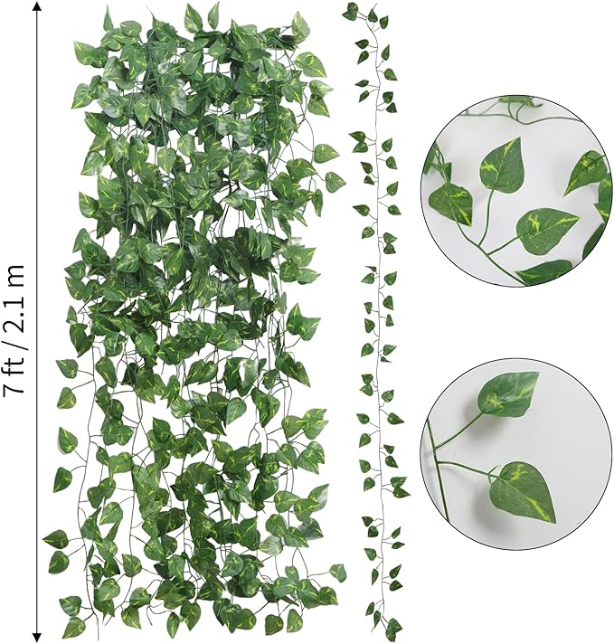 CEWOR 48 Pack 7 Feet Artificial Ivy Garlands, Fake Vines Greenery Hanging Plants Green Leaves Backdrop for Room Bedroom Wall Decor, Jungle Themed Party Wedding Decorations