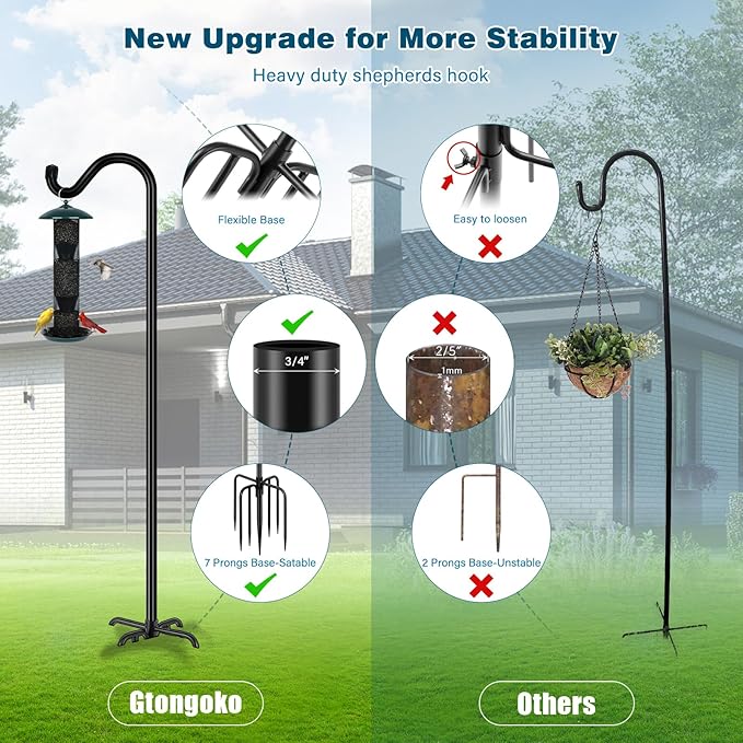 Gtongoko Tall Shepherds Hook for Outdoor, 108 Inch Bird Feeder Pole with 7 Prongs Base, 3/4 Inch Thick Heavy Duty Adjustable Garden Hook for Hanging Plant, Lantern, Hummingbird Feeder, 1 Pack