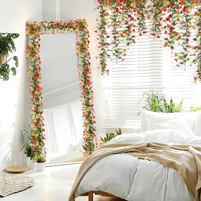 2 Pack Artificial Flowers Garland Ivy,Spring Summer Decor UV Resistant Fake Daisy Vines Floral Vine Silk Hanging Flower for Decor Home Garden Wedding Photo Booth Backdrop (Red Orange Yellow)
