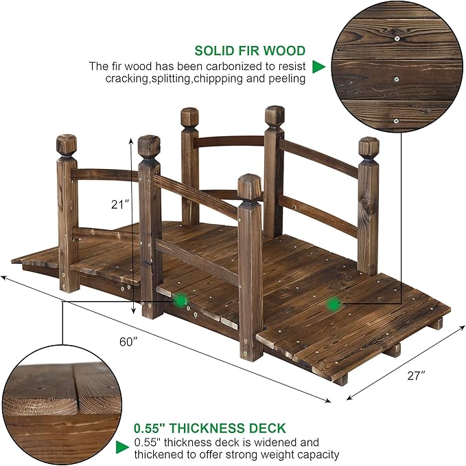 5FT Wooden Garden Bridge Arch Stained Finish Footbridge Decorative Backyard Bridge with Double Safety Railings Outdoor Lawn Pond Bridge Walkway for Garden Yard Patio Courtyard Farm Stream Creek