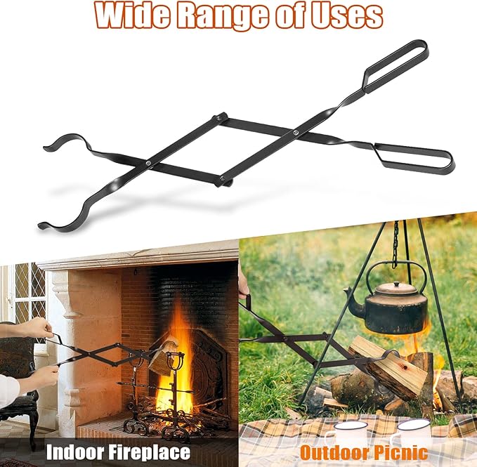 AGM Fireplace Tongs, 26" Fire Pit Accessories Firewood Tongs, Log Grabber for Thick logs, Heavy Duty Wrought Iron FireTongs, Campfire BBQ Stove Tweezers, Outdoor/Indoor