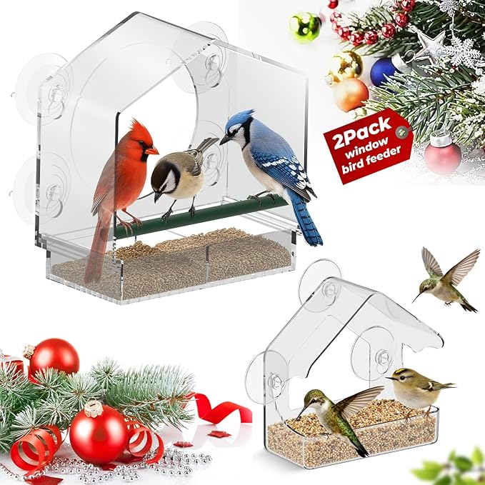 Window Bird Feeder with Non-Marking Self-Adhesive Hooks, Clear and Transparent, Outdoor Wild Bird Watching Gift for Finches, Cardinals (1 Large+1small Wihte)