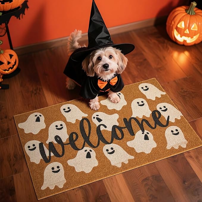 Halloween Door Mat Spooky Ghost Welcome Mat for Front Door Outdoor Entrance Doormat Coir Dirt Trapper with Non Slip Backing, 17x30, Welcome Ghost