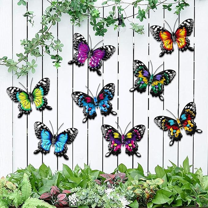 8 Pack Metal Butterfly Wall Decor, 6.7" 3D Outdoor Fence Wall Art Decor, Butterflies Wall Sculpture Hanging Decorations for Garden Yard Living Room Bedroom Patio Balcony, Gifts for Mom Friends