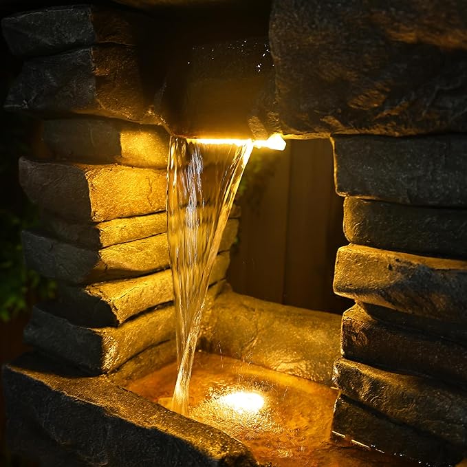 60 inches Large Outdoor Water Fountain Waterfall — Garden Rock Fountains 4-Tiered Waterfalls Outdoor with Lights Natural Stone Look Hollow Fountain for Patio Pool Porch Backyard, Stone Gray